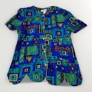 VTG Women’s Blouse David Alan Designs 100% Rayon Retro Geometric Gold Button Up